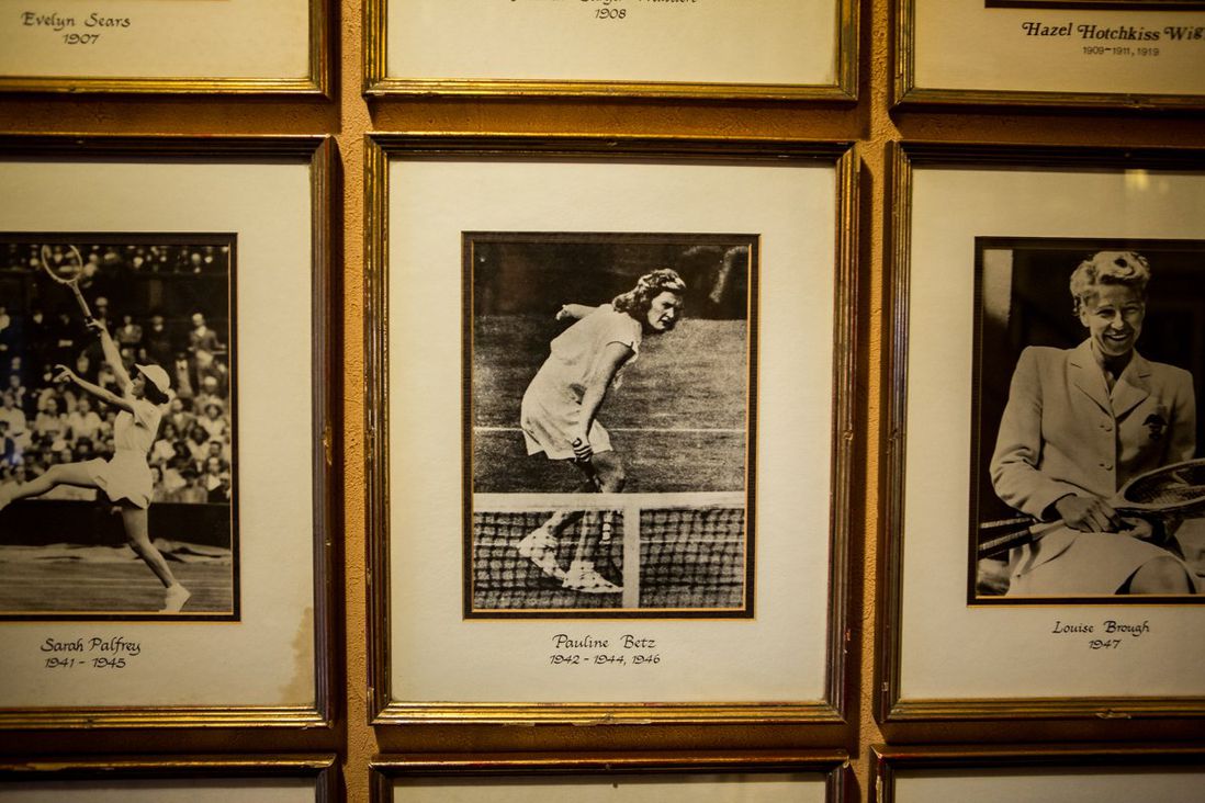 Portraits of tennis legends inside the West Side Tennis Club, which owns Forest Hills Stadium</br>
